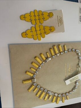 Amrita Singh Yellow Rhinestone Fringe Necklace and Earrings Set